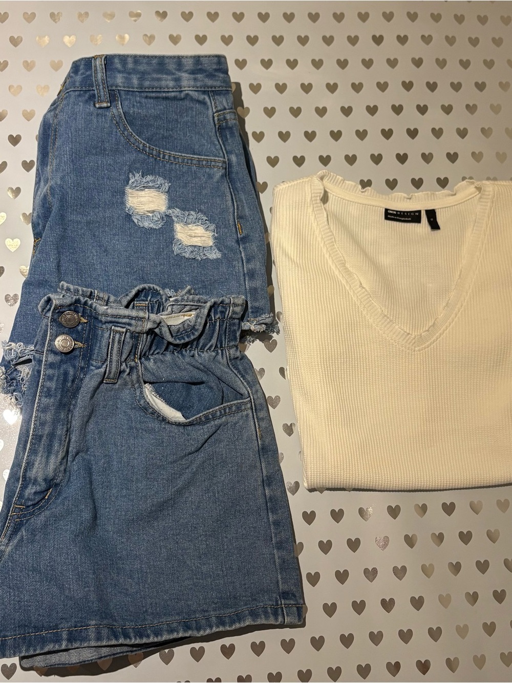 Forever 21 Light Blue High Rise Distressed Denim Shorts & Skirt Set